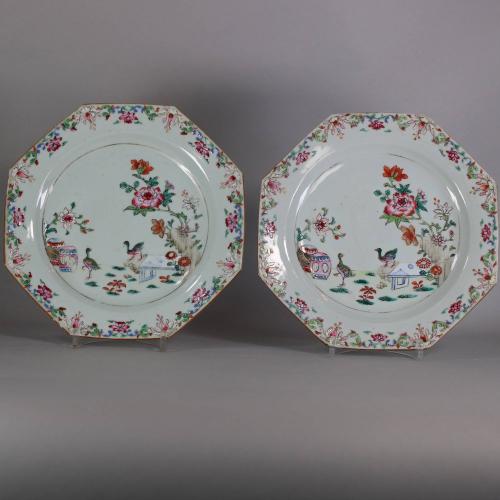 Pair of octagonal famille rose plates