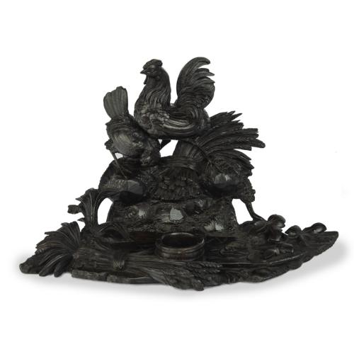 Black Forest carved wood inkwell