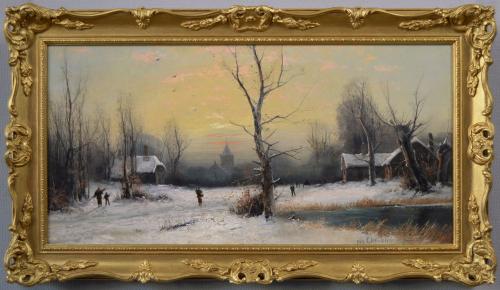 Winter landscape oil painting of figures in a village by Nils H Christiansen