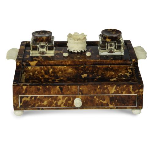 Regency tortoiseshell and ivory desk set