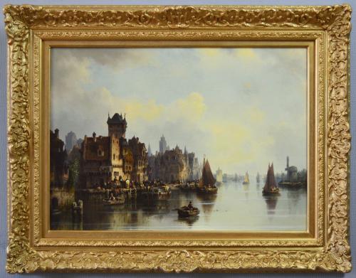 Continental townscape oil painting of a quayside on a river by Ludwig Hermann