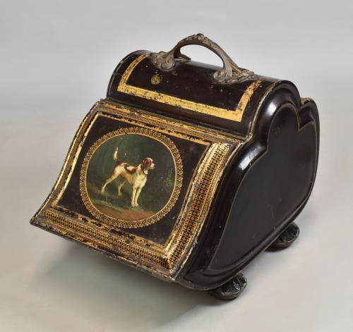 George IV tole coal box decorated with a portrait of a hound, circa 1830
