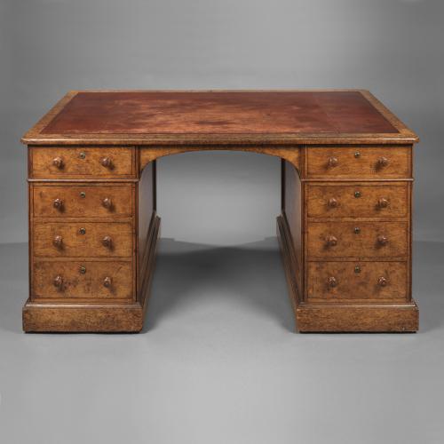 Nineteenth Century burr oak veneered pedestal desk