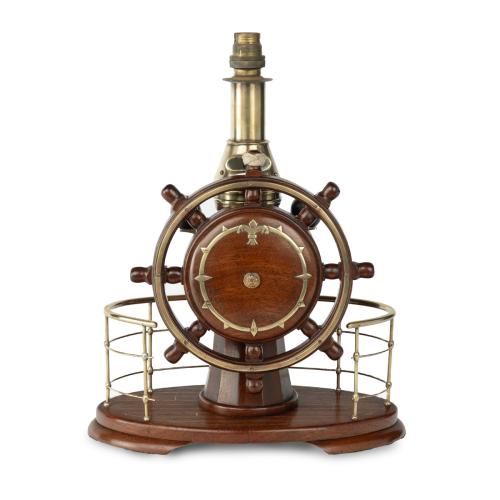 novelty maritime teak, mahogany and brass table lamp