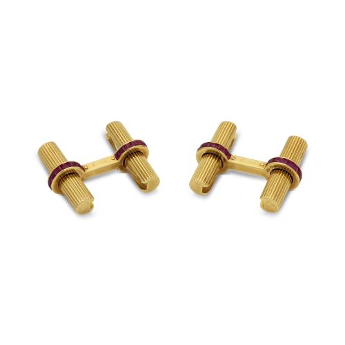 Cartier 18ct Yellow Gold and Ruby Vintage Baton Cufflinks Circa 1960