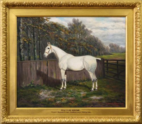 Sporting horse portrait oil painting of a prize winning grey mare by Frederick Albert Clark