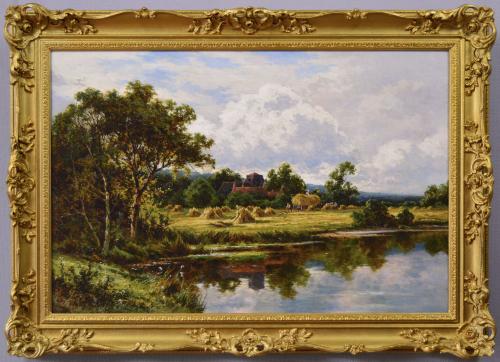 Landscape oil painting of figures harvesting next to the river Kennet by Henry H Parker