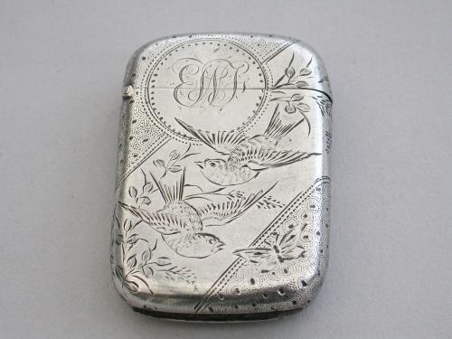 Victorian Silver Aesthetic Engraved Vesta Case Birds Sampson Mordan, London 1887