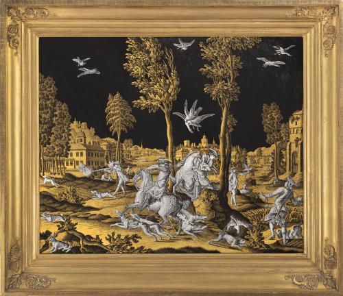 Jonas Zeuner (Kassel 1727-1814 Amsterdam) - A Verre Églomisé Gold and Silver Reverse Engraved Picture on Glass Depicting a Hunting Scene
