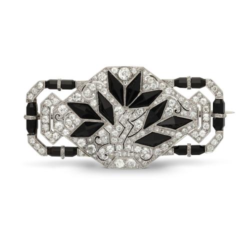Art Deco Diamond and Onyx Stylised Floral Brooch