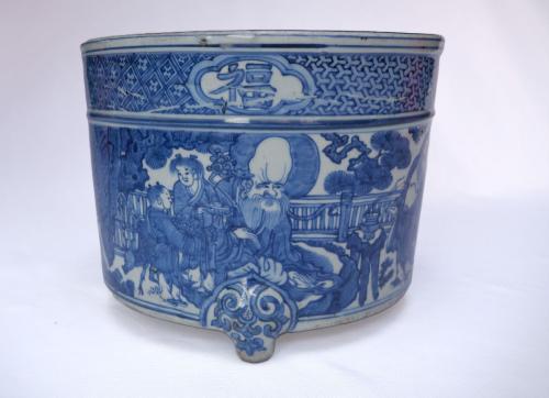 Large Imposing Chinese Ming Blue And White Eight Immortals Tripod Censer
