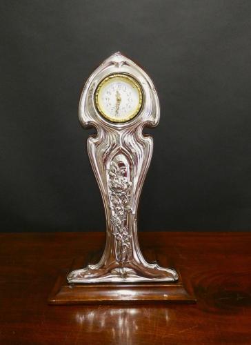 Art Nouveau Mahogany and Silver Mantel Clock