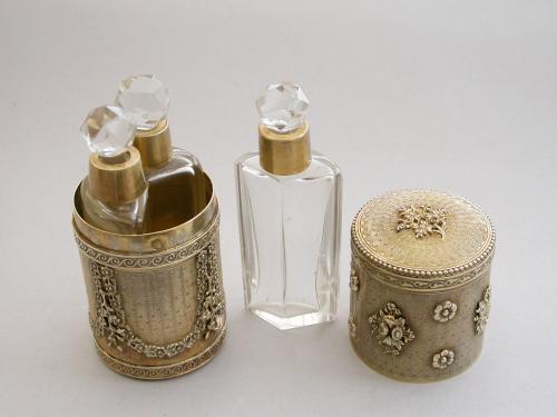 Early 20th Century French Silver Gilt Garniture of 3 Scent Bottles
