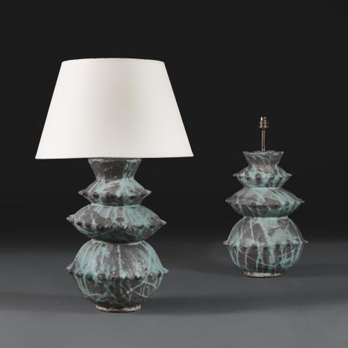 Pair of Triple Gourd Pottery Lamps