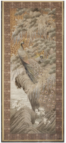 Monumental Japanese Silk Textile - Peacocks in Landscape.