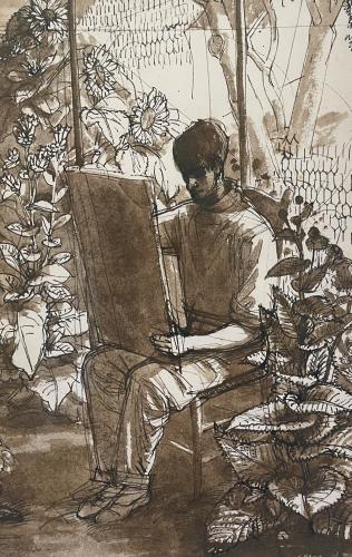 Charles Mahoney - Self Portrait - A Study for Muses - 20th Century British watercolour and ink drawing