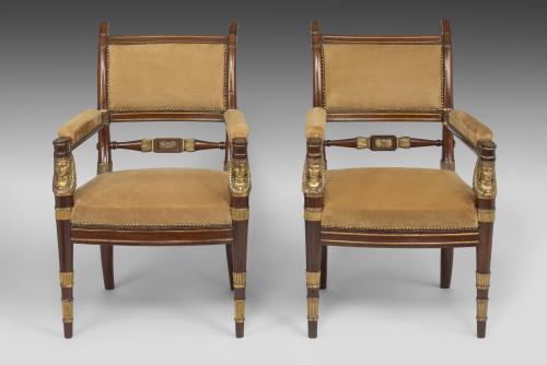 Pair of Regency Mahogany and Parcel Gilt Arm Chairs attributed to James Newton