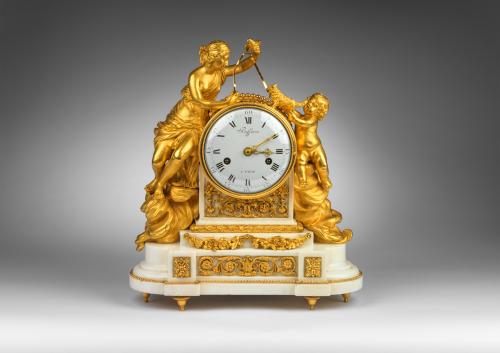 A Louis XVI Mantel Clock in Ormolu and White Marble by Beffara A Paris