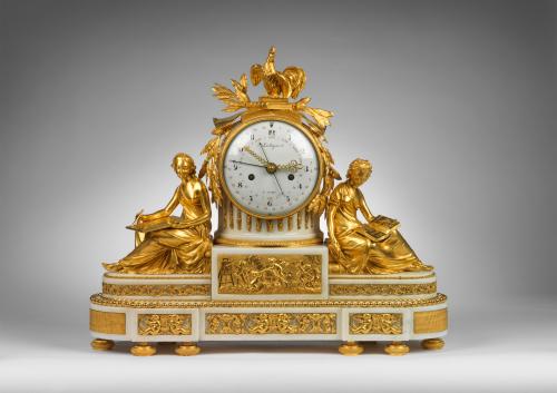 A Louis XVI Ormolu and White Marble Mantel Clock by Lechopie A Paris  Circa 1785