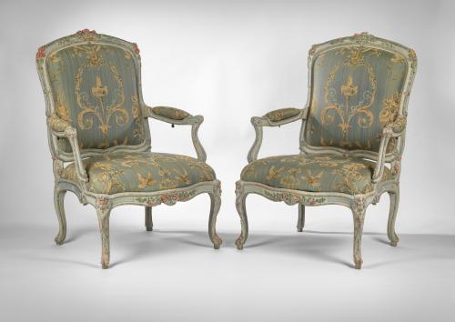 An Exceptional Pair of Late Louis XV Painted Fauteuils A La Reine Attributed to Nicholas Heurtaut and Possibly Painted by the Martin Brothers.  Circa 1760