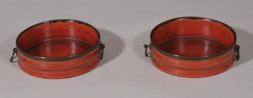 S/5993 Antique Pair of Georgian Red Lacquered Papier Mache Coasters