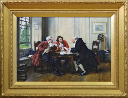 Historical genre oil painting of three gentlemen at a table by Frank Moss Bennett