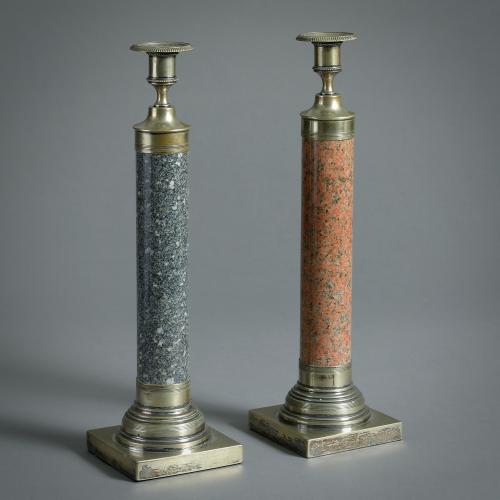 Pair of Scottish Granite and Silver-Plated Candlesticks, Circa 1880.