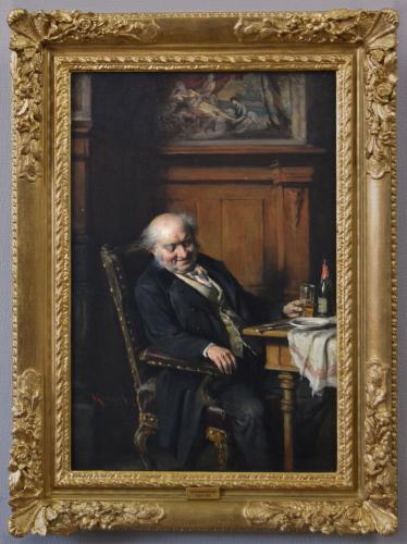 Genre oil painting of a gentleman asleep at a table by Hermann Armin Kern