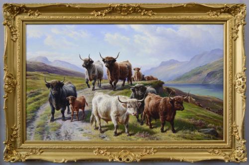 Scottish landscape oil painting of Highland cattle near Loch Linnhe by Charles Jones
