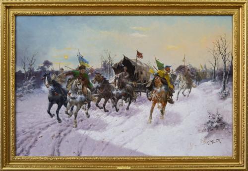 Winter landscape oil painting of a Caravan with Cossacks on horseback by Adolf Constantin Baumgartner-Stoiloff