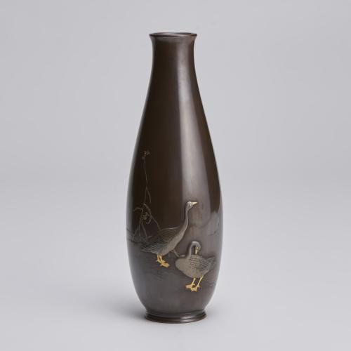 A classically elegant 19th Century Japanese Bronze vase with multi-metal decoration (Signed Joun)