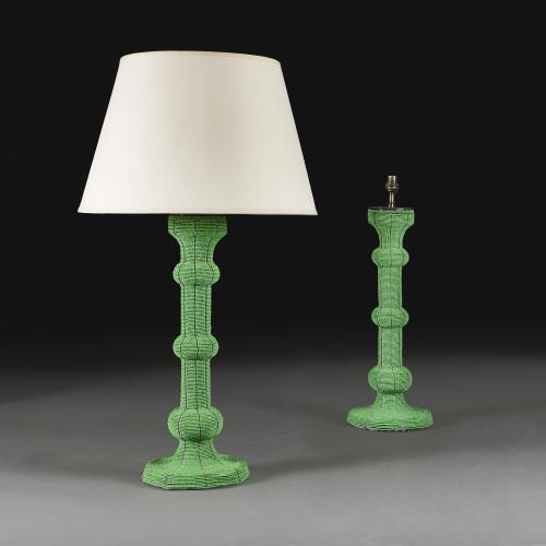 A Pair of Large Green Beaded Zulu Lamps