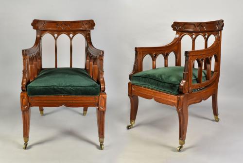 A pair of over-scale Regency mahogany armchairs in the Gothic taste, c.1820