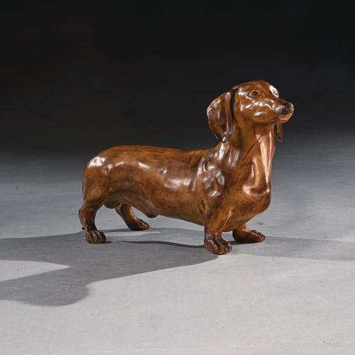 French Life-like Glazed Terracotta Sculpture of a Dachshund Dog