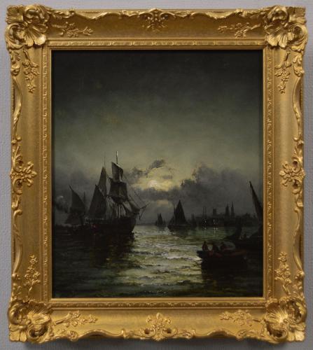 Seascape oil painting of shipping in moonlight on a Dutch river by Hubert Thornley