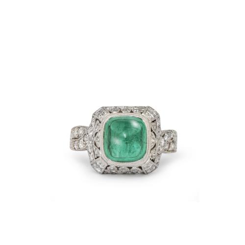 Art Deco Sugarloaf Emerald and Diamond Ring