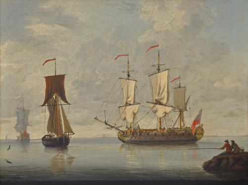 East Indiaman in calm water with fishermen on rocks in the foreground, Francis Swaine