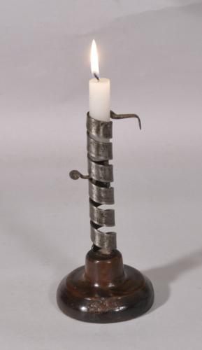 S/6017 Antique Treen 18th Century Spiral Metal Candlestick