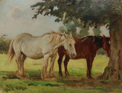 Ernest Higgins Rigg "Horses in the Shade" oil on board