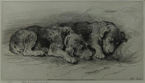 Herbert Dicksee "Let Sleeping Dogs Lie" etching