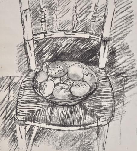 John Sergeant - 20th Century Still Life Chalk Drawing of Fruit on a Chair