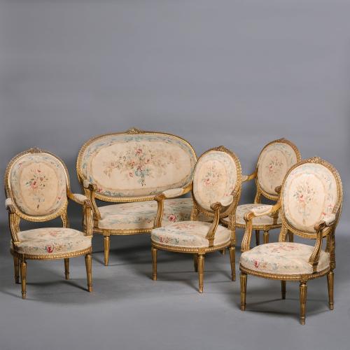 Louis XVI Style Giltwood and Aubusson Tapestry Five-Piece Salon Suite