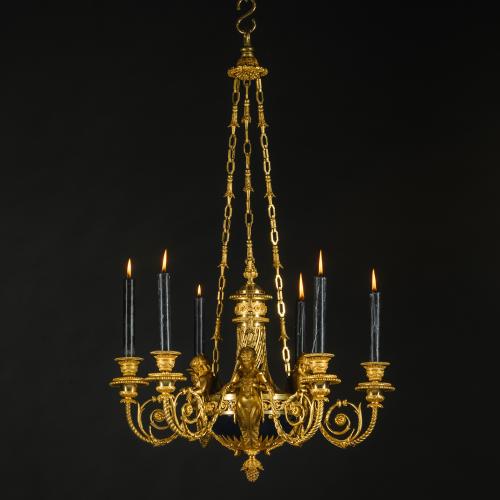 Louis XVI Style Gilt-Bronze Six-Light Chandelier ‘aux Termes’ Attributed to Beurdeley