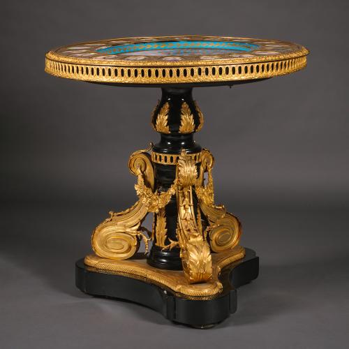 Sèvres-Style Porcelain and Gilt-Bronze Mounted Ebonised Centre Table