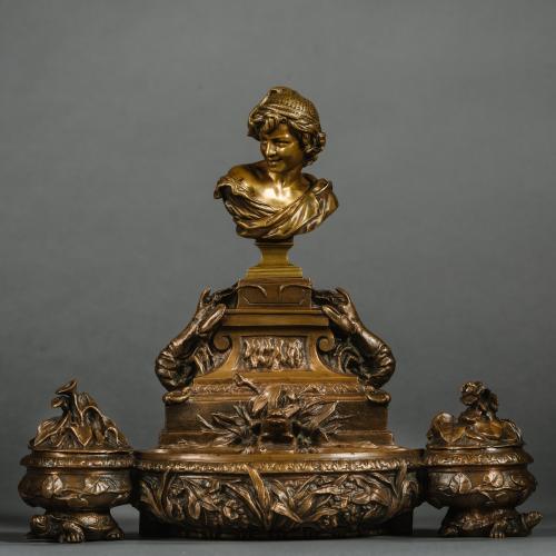 An Unusual Patinated Bronze Sculptural Inkwell By Jean-Baptiste Carpeaux