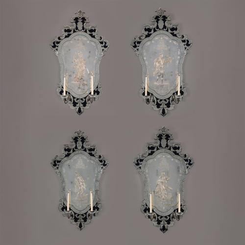 Venetian Etched Clear and Blue Glass Girandole Wall Mirrors