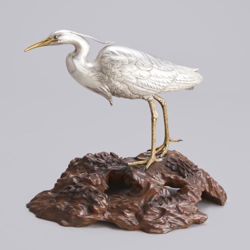 Japanese silvered bronze heron signed Masatsune, Meiji Period.