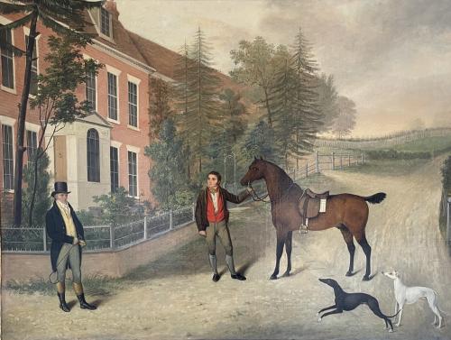 American School - A Gentleman with Groom, Horse and Greyhounds outside a Country House