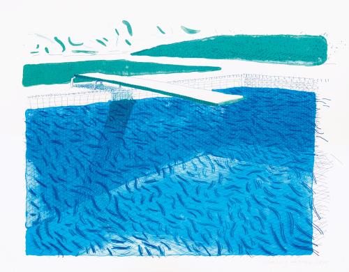 David Hockney Lithograph of water made of lines, crayon, and two blue washes