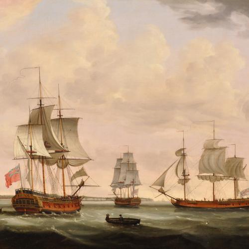 FRANCIS HOLMAN  East Indiamen assembling off the coast with the Earl of Effingham, the Beckford and the Land Overly in the foreground  